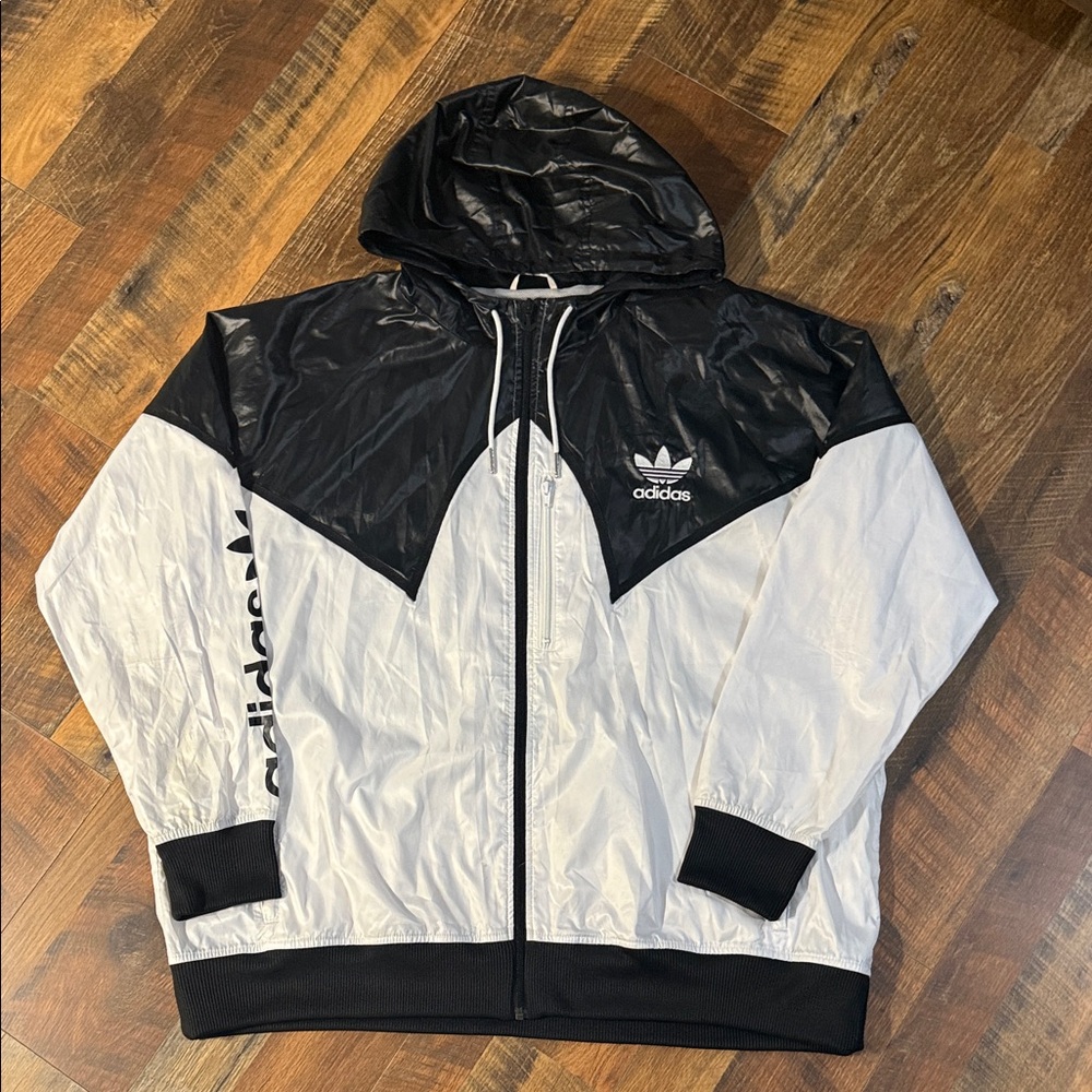 VINTAGE Adidas Originals Shiny Nylon Windbreaker Jacket - Black/White - 3XL Rare